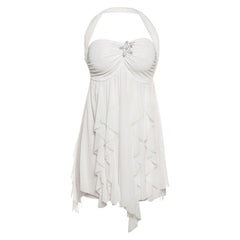 Halter ruched flower print ruffle mini dress