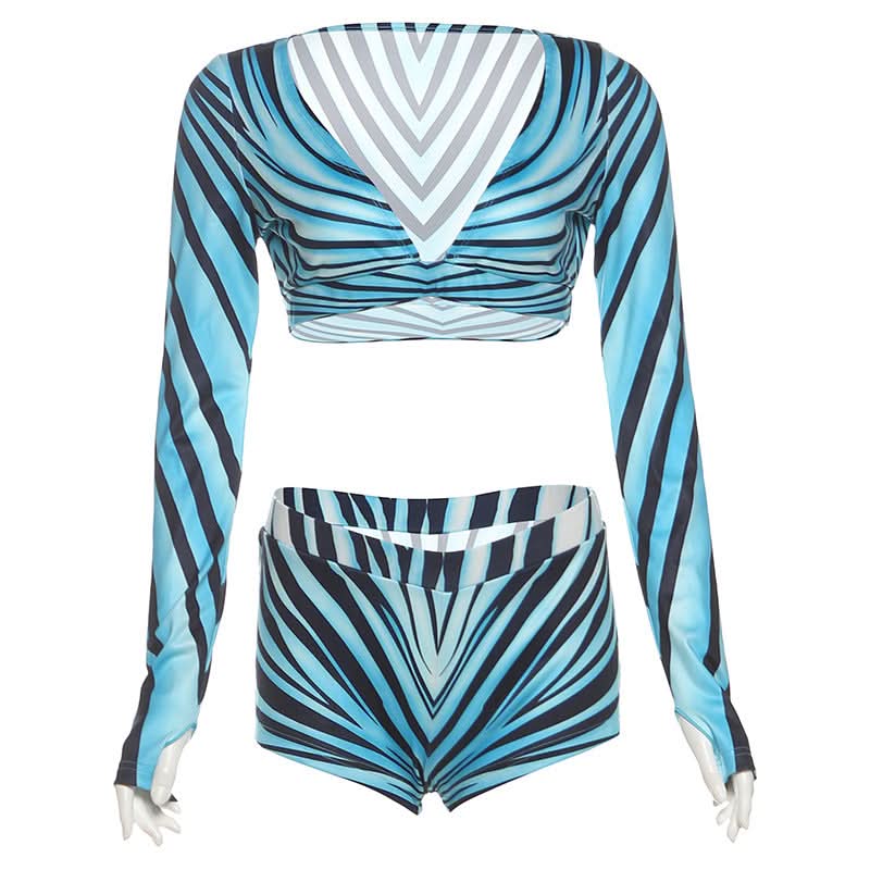 Striped print long sleeve v neck low rise pant set