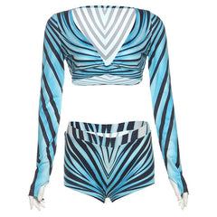 Striped print long sleeve v neck low rise pant set