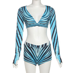 Striped print long sleeve v neck low rise pant set