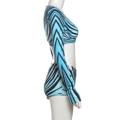 Striped print long sleeve v neck low rise pant set