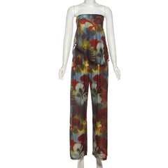 Flower print irregular tube pant set