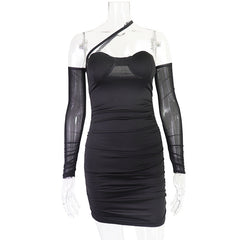 One shoulder mesh ruched mini dress