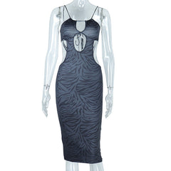 Hollow out self tie print cami cut out maxi dress
