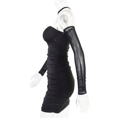 One shoulder mesh ruched mini dress