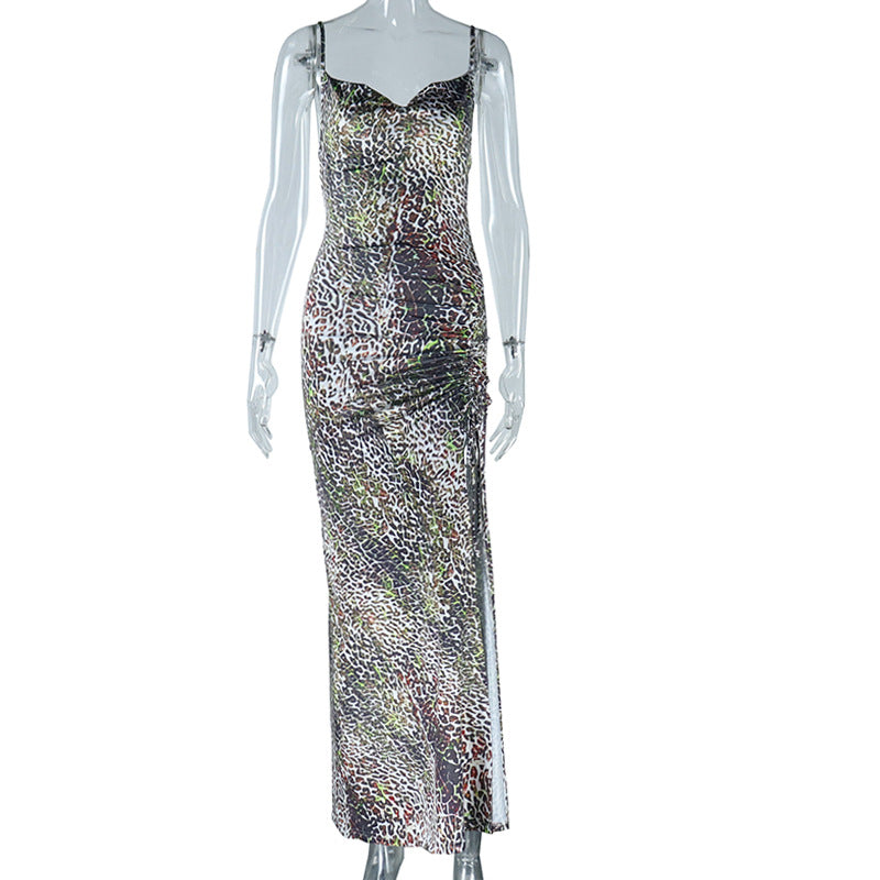 Leopard print slit ruched cami maxi dress