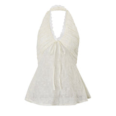 Halter v neck lace hem smocked top