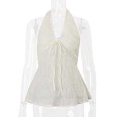 Halter v neck lace hem smocked top