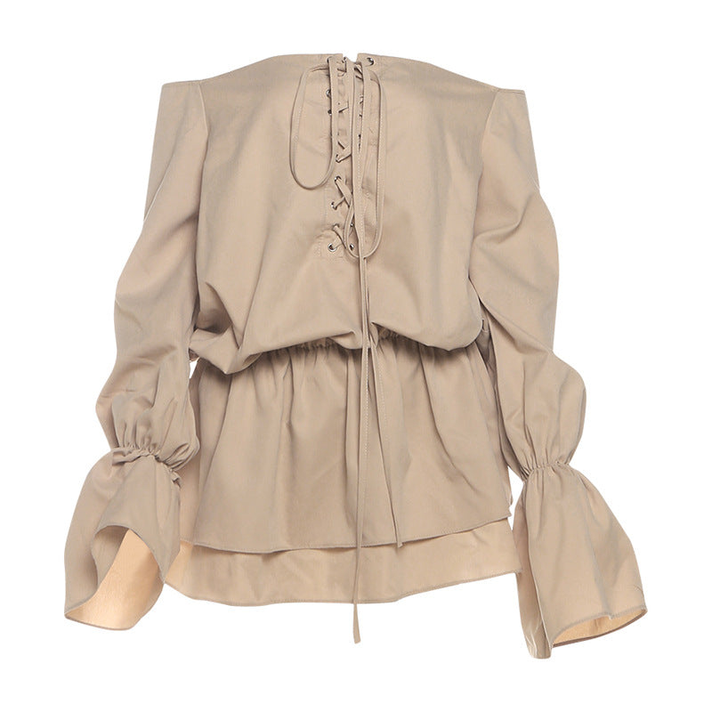 Long flared sleeve off shoulder lace up mini dress