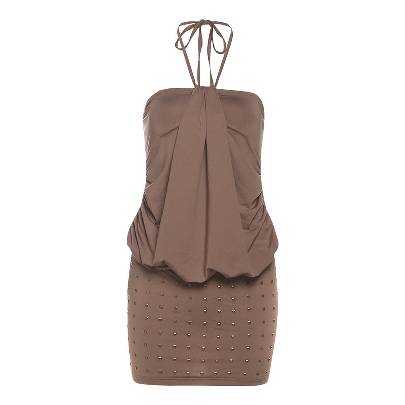 Halter ruched beaded backless mini dress
