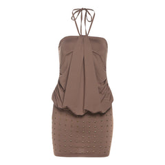Halter ruched beaded backless mini dress