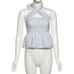 Striped print smocked halter top
