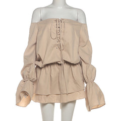 Long flared sleeve off shoulder lace up mini dress