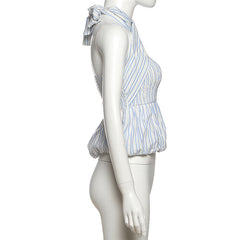 Striped print smocked halter top