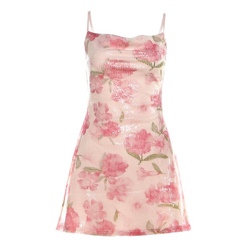 Flower print glitter cami mini dress