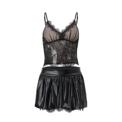PU leather lace hem mini skirt