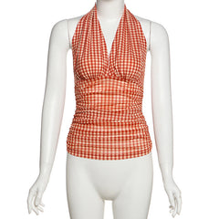 Plaid halter backless ruched top