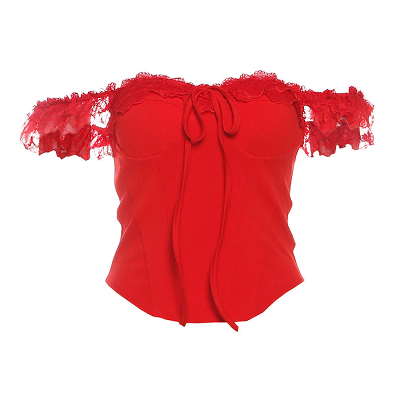 Off shoulder lace hem corset solid top
