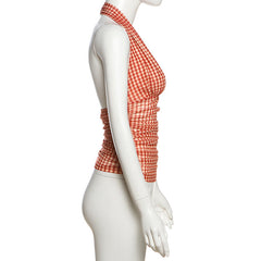 Plaid halter backless ruched top