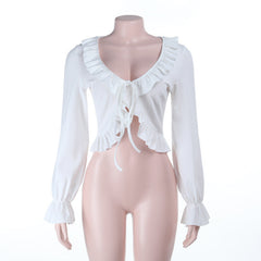 Long flared sleeve v neck ruffle ruched top