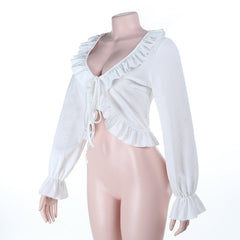 Long flared sleeve v neck ruffle ruched top