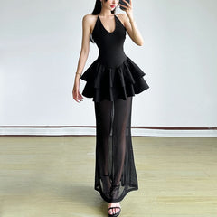 Halter v neck mesh ruffle solid maxi dress