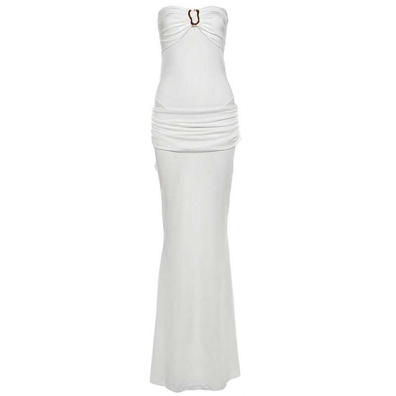 Ruched button backless tube maxi skirt set