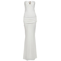 Ruched button backless tube maxi skirt set