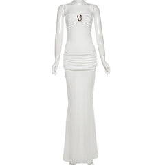 Ruched button backless tube maxi skirt set