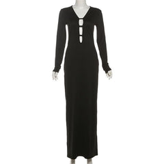 Long sleeve hollow out v neck solid cut out maxi dress