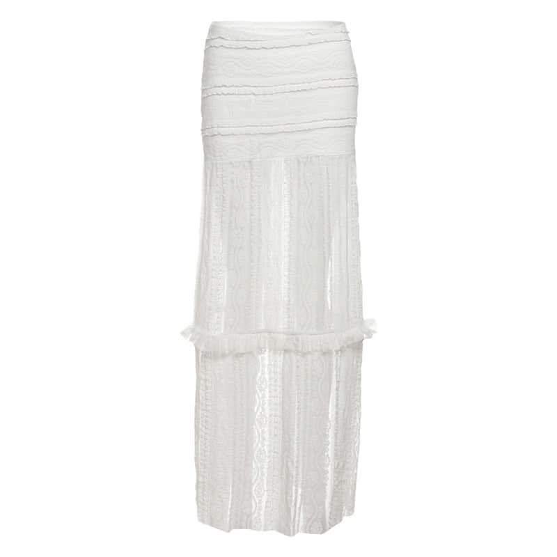 Lace ruffle solid hollow out cut out maxi skirt