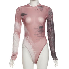 Long sleeve crewneck print sheer mesh bodysuit