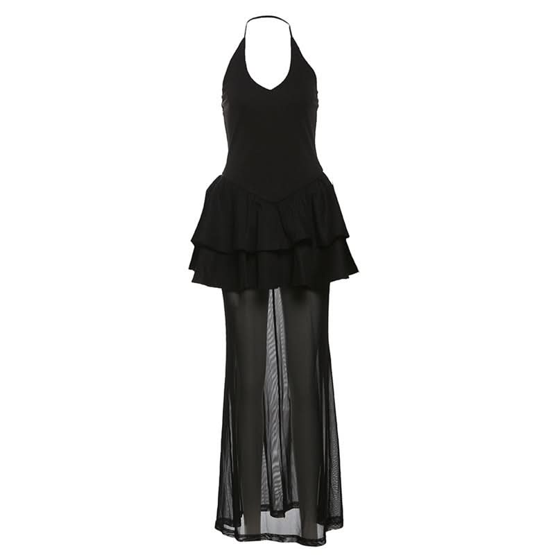 Halter v neck mesh ruffle solid maxi dress
