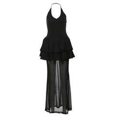 Halter v neck mesh ruffle solid maxi dress