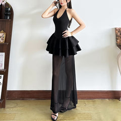 Halter v neck mesh ruffle solid maxi dress