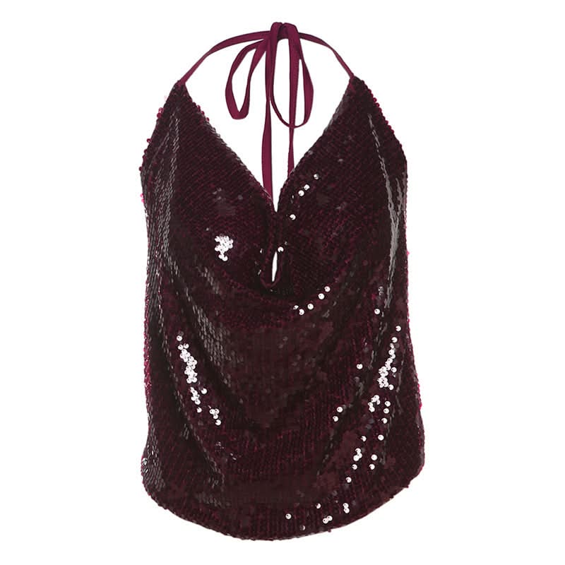 Glitter turtle neck halter backless self tie top