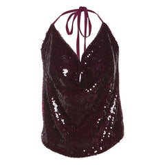 Glitter turtle neck halter backless self tie top