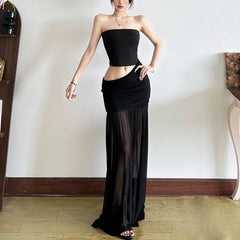 Hollow out ruched mesh tube cut out maxi dress