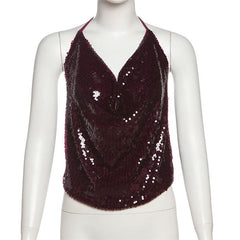 Glitter turtle neck halter backless self tie top