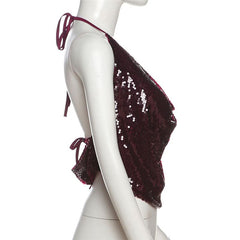 Glitter turtle neck halter backless self tie top