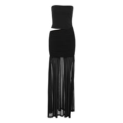 Hollow out ruched mesh tube cut out maxi dress