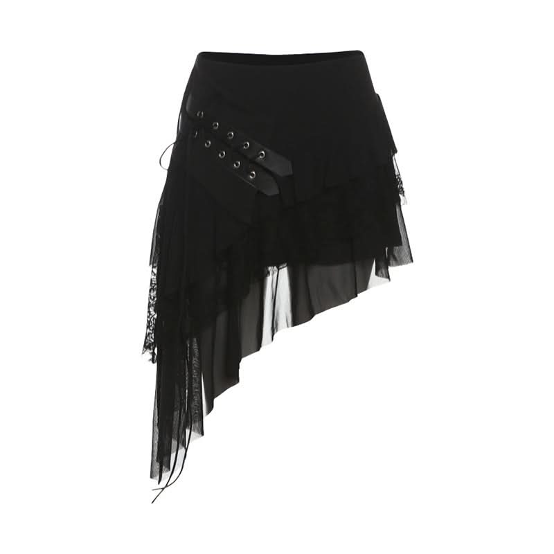 Irregular self tie mesh A line ruffle mini skirt