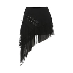 Irregular self tie mesh A line ruffle mini skirt