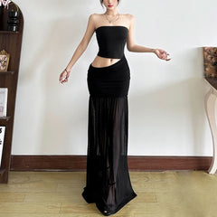 Hollow out ruched mesh tube cut out maxi dress