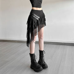 Irregular self tie mesh A line ruffle mini skirt