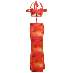 Self tie halter v neck print slit maxi skirt set