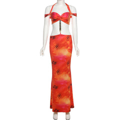 Self tie halter v neck print slit maxi skirt set