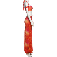 Self tie halter v neck print slit maxi skirt set