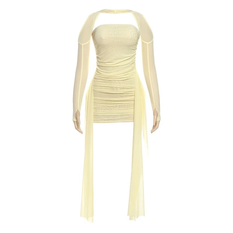 Mesh ruched gloves backless tube mini dress