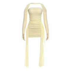 Mesh ruched gloves backless tube mini dress
